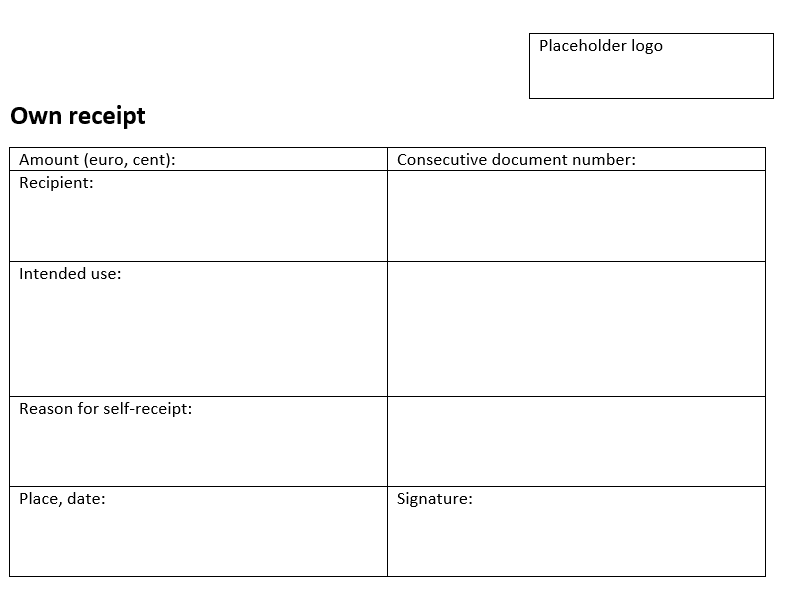 Blank self-receipt template with fields for amount, recipient, intended use, date and signature