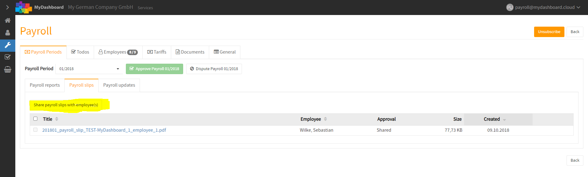 MyDashboard payroll screen with the Share payroll slips with employees button highlighted